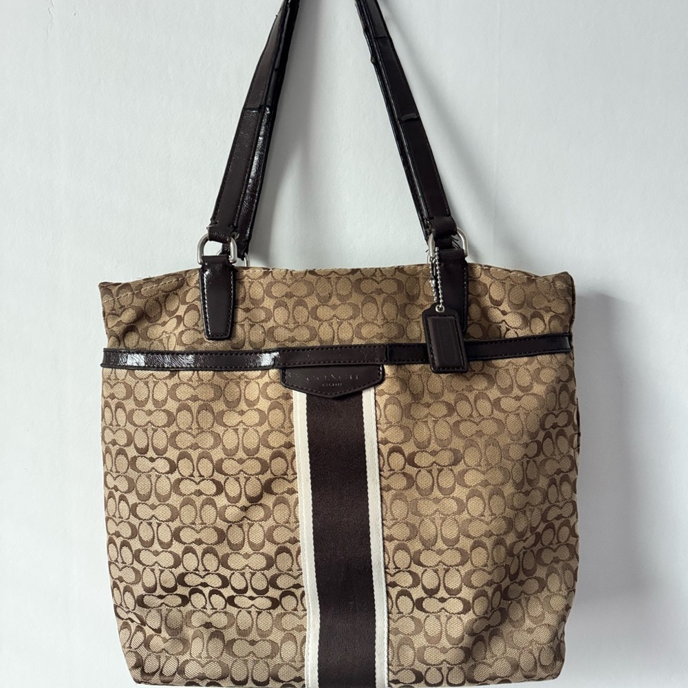 Coach Brown Monogram Tote Bag with Leather Trim